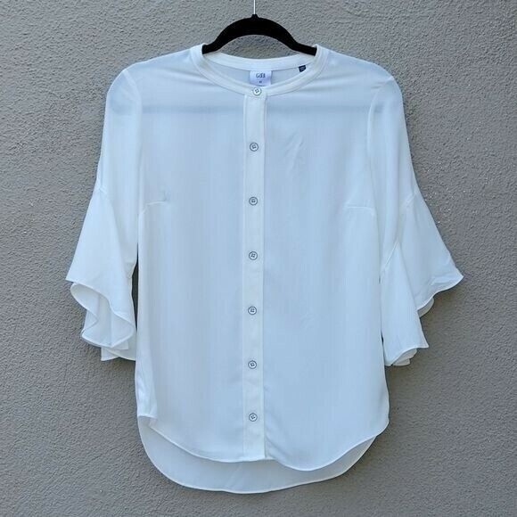 CAbi White Floaty petal sleeveTop Blouse Shirt pleated back rounded hem XS - Picture 5 of 11
